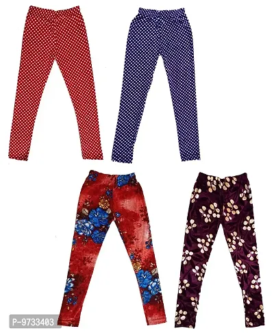 KAYU? Girl's Velvet Printed Leggings Fashionable Ultra Comfortable for Winters [Pack of 4] Red White, Navy Blue, Red Blue, Purple