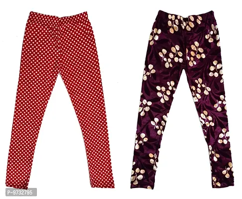 KAYU? Girl's Velvet Printed Leggings Fashionable Ultra Comfortable for Winters [Pack of 2] Red White, Purple-thumb0