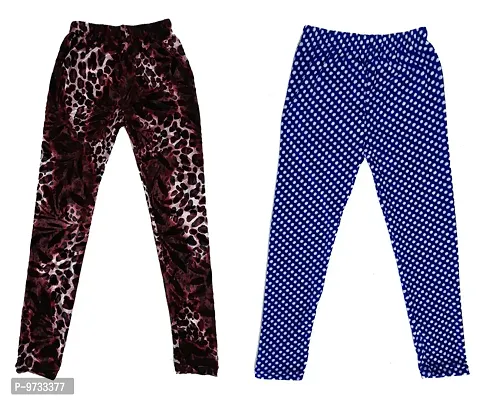 KAYU? Girl's Velvet Printed Leggings Fashionable Ultra Comfortable for Winters [Pack of 2] Dark Brown, Blue