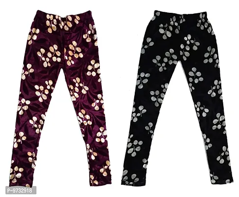 KAYU? Girl's Velvet Printed Leggings Fashionable Ultra Comfortable for Winters [Pack of 2] Purple, Black Cream