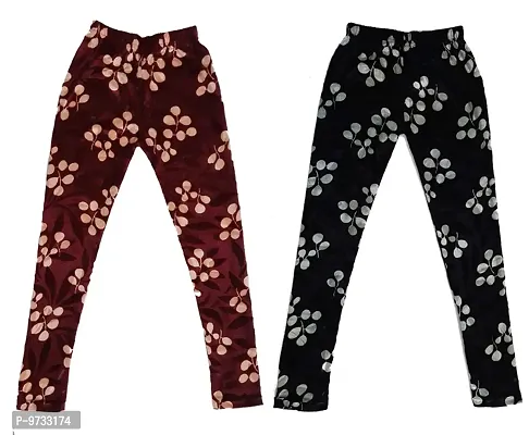 KAYU? Girl's Velvet Printed Leggings Fashionable Ultra Comfortable for Winters [Pack of 2] Brown Cream, Black Cream