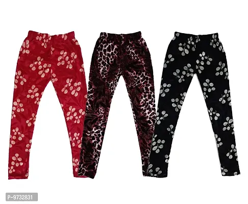 KAYU? Girl's Velvet Printed Leggings Fashionable Ultra Comfortable for Winters [Pack of 3] Red Cream, Dark Brown, Black Cream