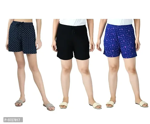 KAYU? Women's Cotton Regular Fit Solid and Printed Shorts/Hot Pant [Pack of 3] Black3, Black4, Navy Blue