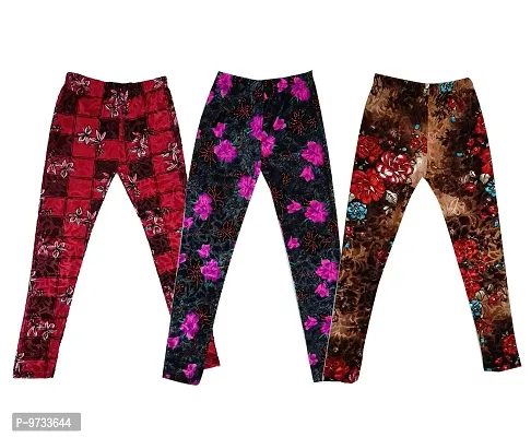 KAYU? Girl's Velvet Printed Leggings Fashionable for Winters [Pack of 3] Light Red, Pink, Brown