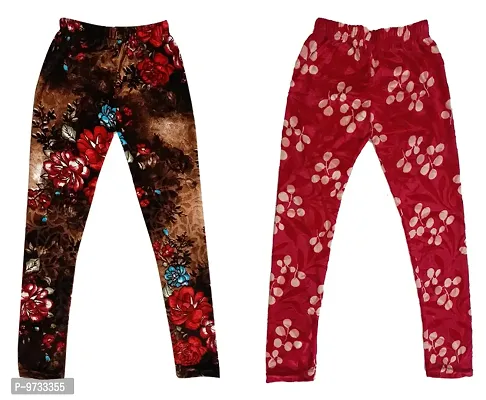 KAYU? Girl's Velvet Printed Leggings Fashionable Ultra Comfortable for Winters [Pack of 2] Brown, Red Cream