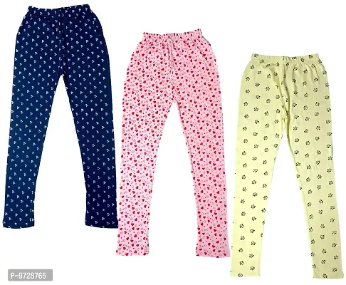 KAYU? Girl's Cotton Printed Leggings Slim Fit Cotton Stretchable Leggings [Pack of 3] Navy Blue, Pink, Yellow