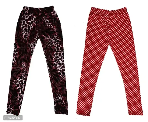 KAYU? Girl's Velvet Printed Leggings Fashionable Ultra Comfortable for Winters [Pack of 2] Dark Brown, Red White