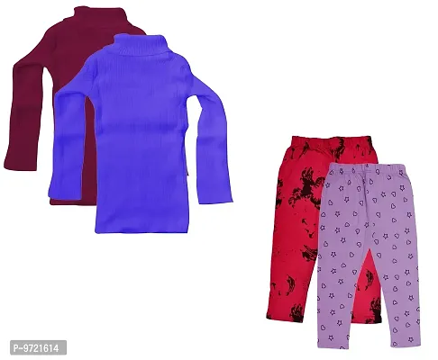 KAYU Girl's Combo Pack of Woolen Warm Full Sleeves High Neck/skivvy and Cotton Printed Capri (Maroon, Blue, Red, Purple_4-5 Years) Pack of 4