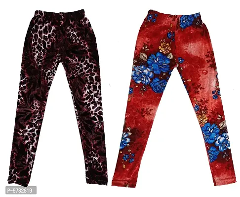 KAYU? Girl's Velvet Printed Leggings Fashionable Ultra Comfortable for Winters [Pack of 2] Dark Brown, Red Blue