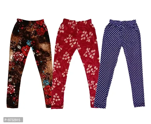 KAYU? Girl's Velvet Printed Leggings Fashionable Ultra Comfortable for Winters [Pack of 3] Brown, Red Cream, Navy Blue
