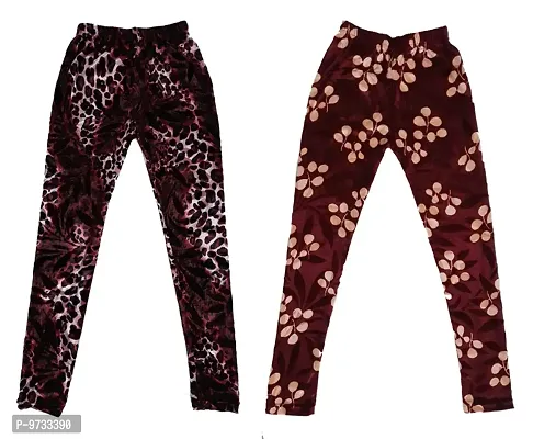 KAYU? Girl's Velvet Printed Leggings Fashionable Ultra Comfortable for Winters [Pack of 2] Dark Brown, Brown Cream