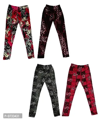 KAYU? Girl's Velvet Printed Leggings Fashionable for Winters [Pack of 4] Red Ocean, Dark Brown, Grey, Light Red