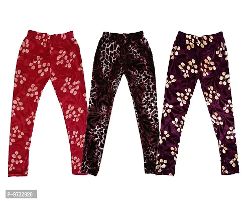 KAYU? Girl's Velvet Printed Leggings Fashionable Ultra Comfortable for Winters [Pack of 3] Red Cream, Dark Brown, Purple