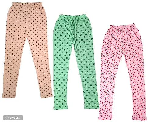 KAYU? Girl's Cotton Printed Leggings Slim Fit Cotton Stretchable Leggings [Pack of 3] Peach2, Sea Green, Pink