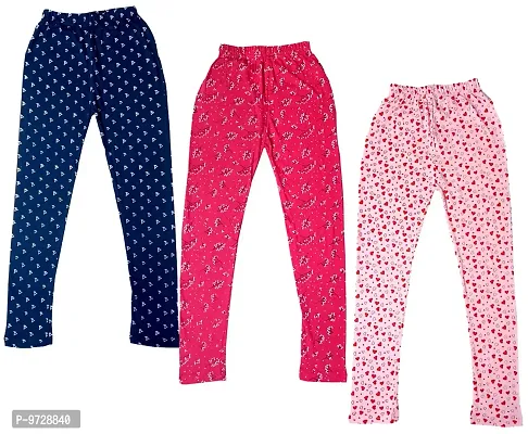 KAYU? Girl's Cotton Printed Leggings Slim Fit Cotton Stretchable Leggings [Pack of 3] Navy Blue, Magenta, Pink