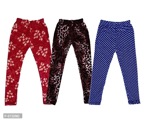 KAYU? Girl's Velvet Printed Leggings Fashionable Ultra Comfortable for Winters [Pack of 3] Red Cream, Dark Brown, Blue