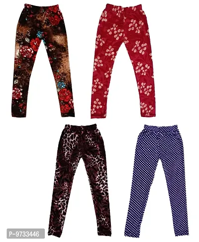 KAYU? Girl's Velvet Printed Leggings Fashionable Ultra Comfortable for Winters [Pack of 4] Brown, Red Cream, Dark Brown, Navy Blue