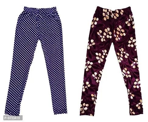KAYU? Girl's Velvet Printed Leggings Fashionable Ultra Comfortable for Winters [Pack of 2] Navy Blue, Purple