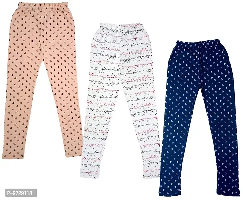 KAYU? Girl's Cotton Printed Leggings Slim Fit Cotton Stretchable Leggings [Pack of 3] Peach2, White1, Navy Blue