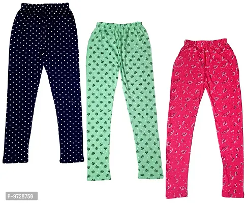 KAYU? Girl's Cotton Printed Leggings Slim Fit Cotton Stretchable Leggings [Pack of 3] Black, Sea Green, Magenta