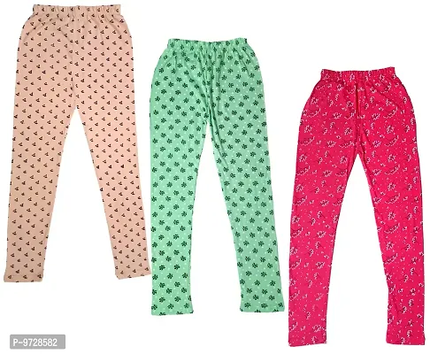 KAYU? Girl's Cotton Printed Leggings Slim Fit Cotton Stretchable Leggings [Pack of 3] Peach2, Sea Green, Magenta