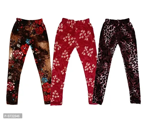 KAYU? Girl's Velvet Printed Leggings Fashionable Ultra Comfortable for Winters [Pack of 3] Brown, Red Cream, Dark Brown