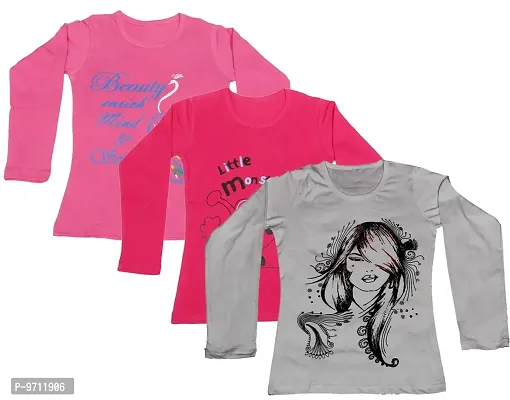 Indistar Girls Cotton 3 Full Sleeves Printed T-Shirt (Pack of 3)_Pink::Red::White_Size: 12-13 Year