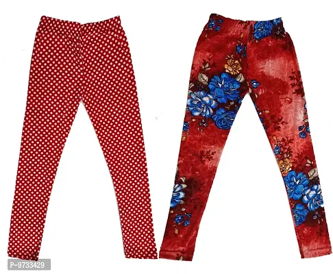 KAYU? Girl's Velvet Printed Leggings Fashionable Ultra Comfortable for Winters [Pack of 2] Red White, Red Blue