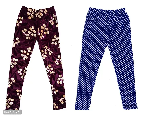 KAYU? Girl's Velvet Printed Leggings Fashionable Ultra Comfortable for Winters [Pack of 2] Purple, Blue