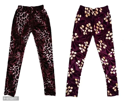 KAYU? Girl's Velvet Printed Leggings Fashionable Ultra Comfortable for Winters [Pack of 2] Dark Brown, Purple
