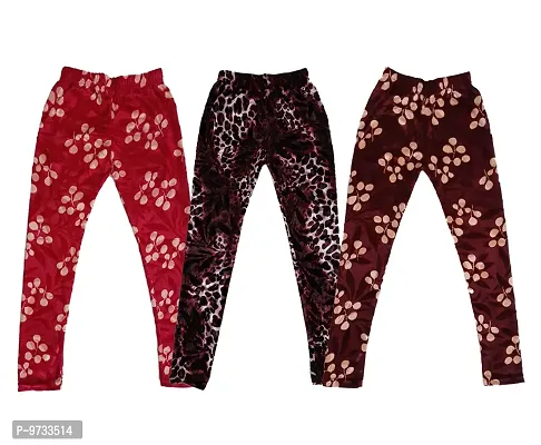 KAYU? Girl's Velvet Printed Leggings Fashionable Ultra Comfortable for Winters [Pack of 3] Red Cream, Dark Brown, Brown Cream