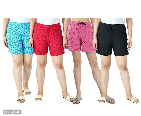 KAYU? Women's Cotton Regular Fit Solid and Printed Shorts/Hot Pant [Pack of 4] Multicolor4