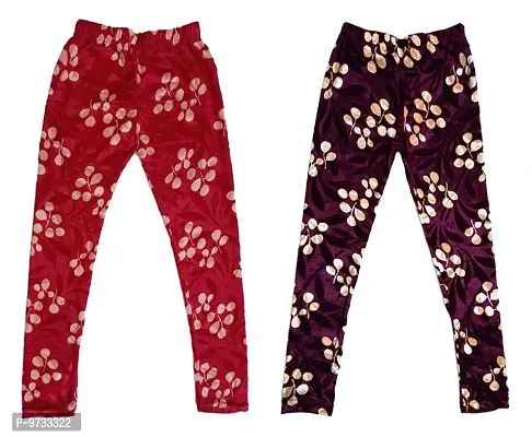 KAYU? Girl's Velvet Printed Leggings Fashionable Ultra Comfortable for Winters [Pack of 2] Red Cream, Purple