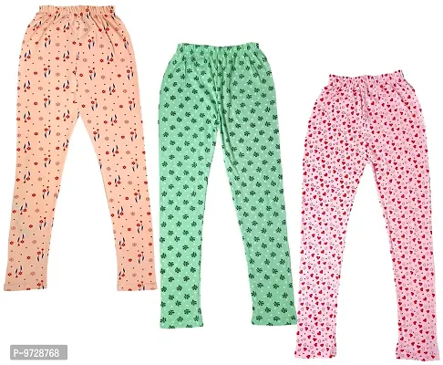 KAYU? Girl's Cotton Printed Leggings Slim Fit Cotton Stretchable Leggings [Pack of 3] Peach3, Sea Green, Pink