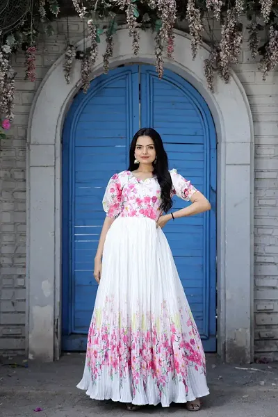 Stylish Pink Muslin Floral Print Stitched Gowns For Women