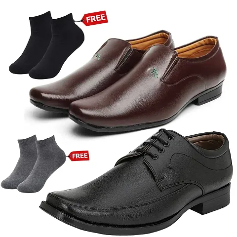 Vitoria Mens 2 Synthetic Leather Formal Shoes With Free 2 Socks Combo (2 Pair Shoes/2Pair Socks)