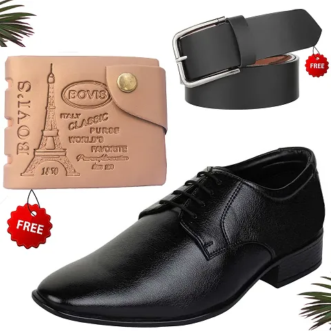 Classic Solid Formal Shoes for Men with Wallet and Belt