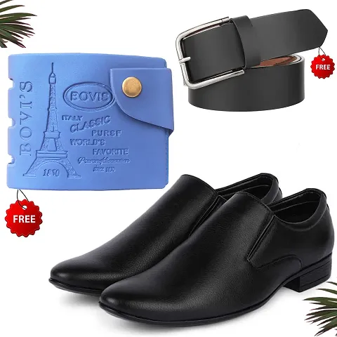 Classic Solid Formal Shoes for Men with Wallet and Belt