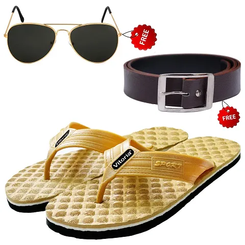 Trendy Rubber Flip-Flop With Sunglasses And Belt Combo For Men