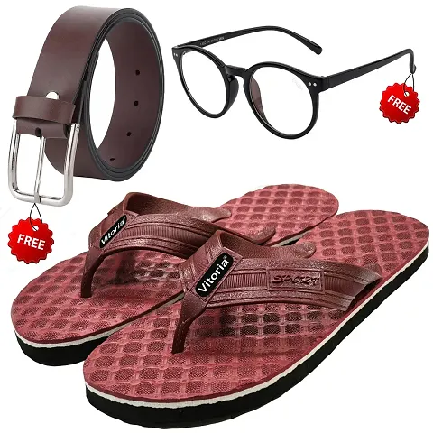 Trendy Rubber Flip-Flop With Sunglasses And Belt Combo For Men