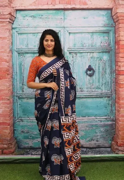 Jalther Handicrafts Women's Ikat Hand Block Print Jaipuri Cotton Mulmul Saree with Blouse Piece