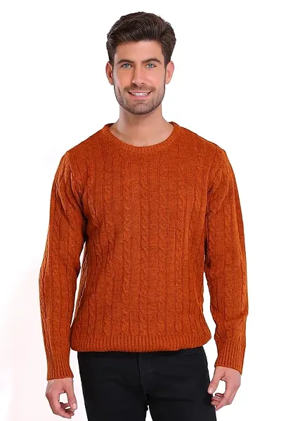 Stylish Brown Wool Blend Self Pattern Long Sleeves Sweater For Men