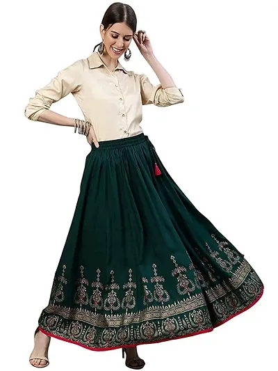 Stylish Flared Gold Printed Skirt For Women
