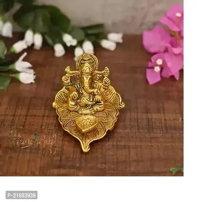 Premium Quality Brass Metal Ganesh Ji Sitting On The Peepal Leave With Diya Deepak , Standard , Golden