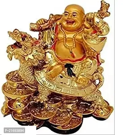 Premium Quality Laughing Buddha Sitting On Dragon Blessing Good Luck Decorative Showpiece - 4 Cm (Brass, Gold)