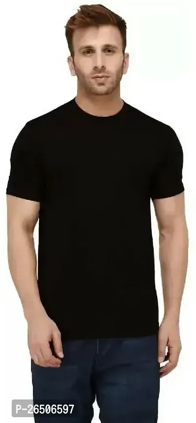 Elegant Black Cotton Blend Solid Round Neck Tees For Men-thumb0