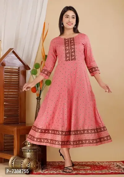 Stylish Rayon Printed Round Neck 3/4 Sleeves Anarkali Gown For Women-thumb0