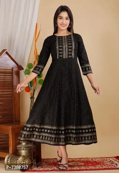 Stylish Rayon Printed Round Neck 3/4 Sleeves Anarkali Gown For Women