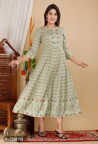 Stylish Rayon Printed Round Neck 3/4 Sleeves Anarkali Gown For Women