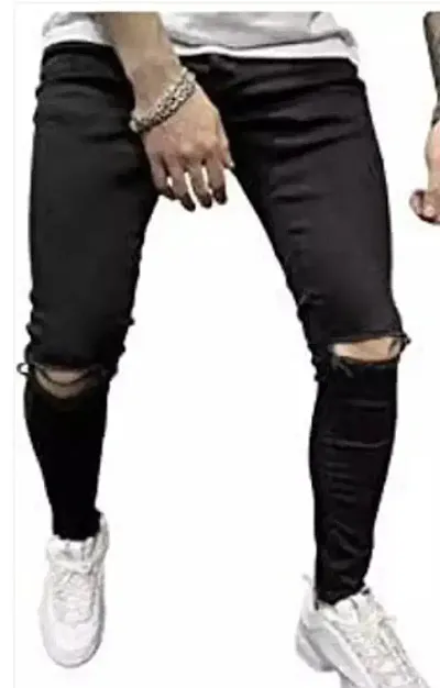 N CLUB Latest Knee Cut Stylish Men's Stretchable Denim Jeans Black